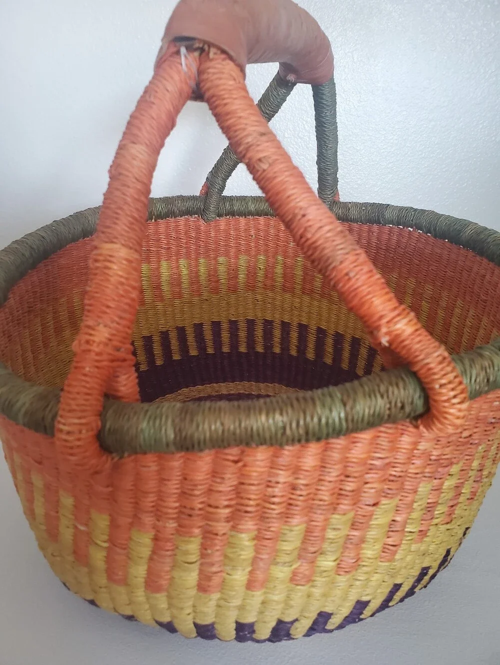 Large Colorful Basket Leather Handle Home Decor Boho Farmhouse Coastal Western